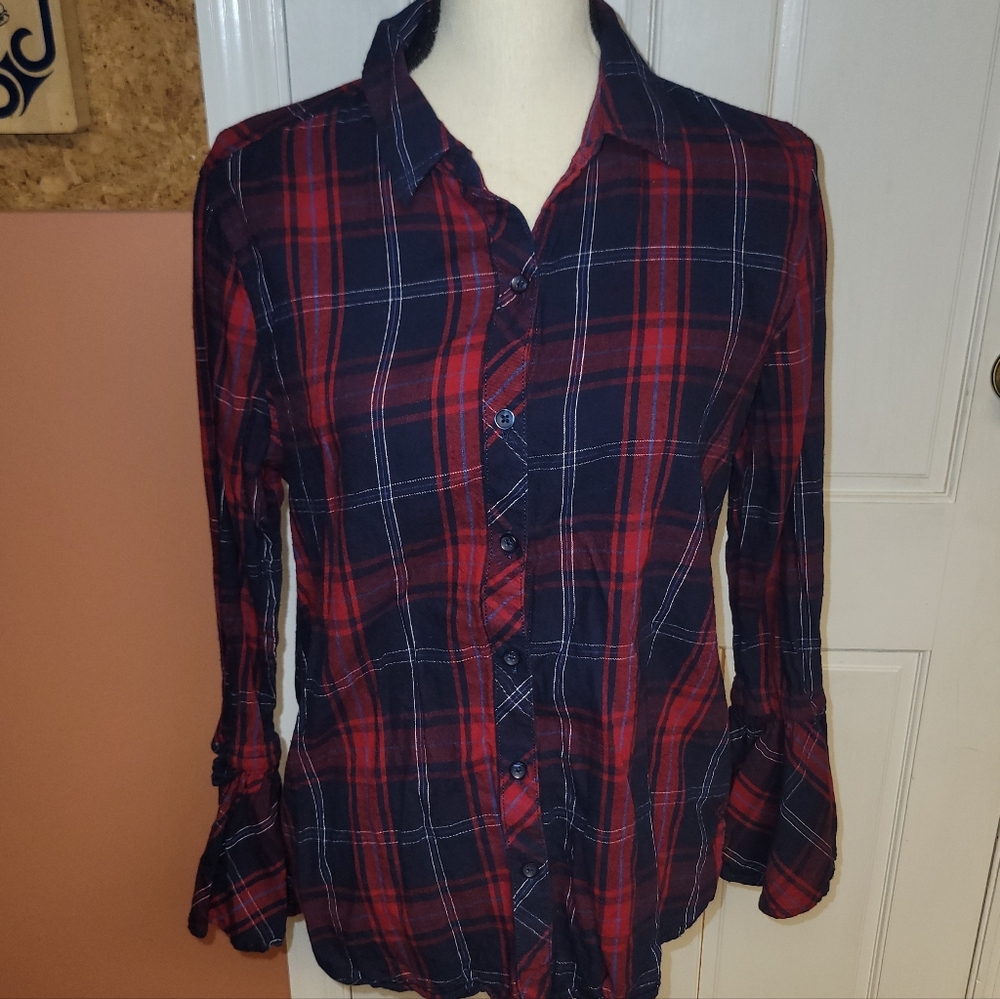 Women’s Red and Navy Plaid Button-Up Shirt